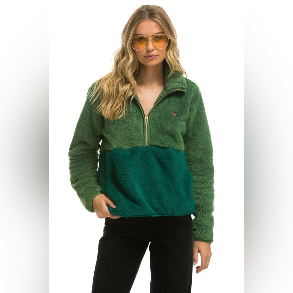 Aviator Nation Teddy Apres Half Zip Jacket Garden Green S